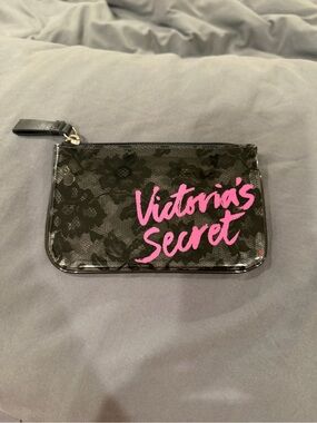 Victoria's Secret Black Lace Clear Pouch with Hot Pink Script